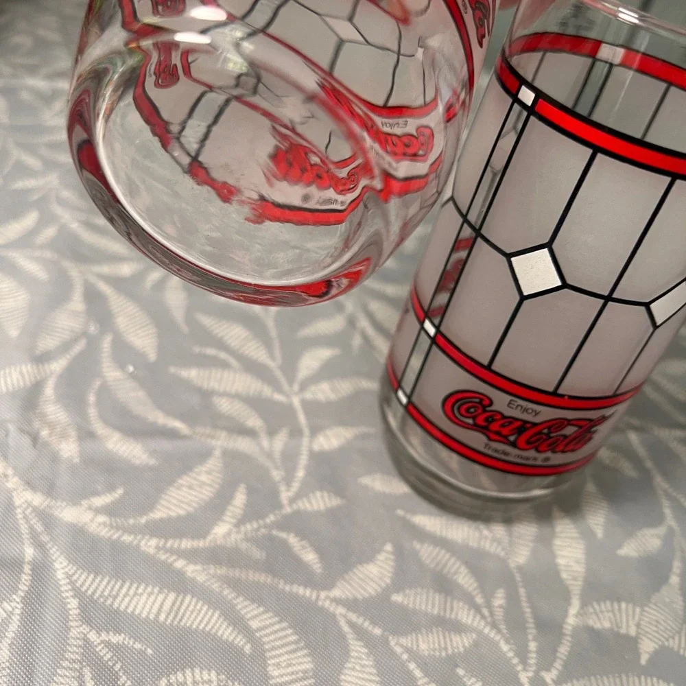 Vtg Coca-Cola Stained Glass Style Drinking Glasses Set of 2 Frosted Red White